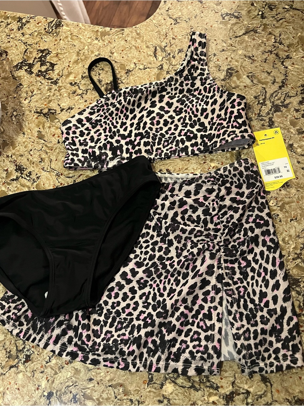 Girls' Pink Leopard One-Shoulder Swim Top with Black Bikini Bottom & Skirt Set